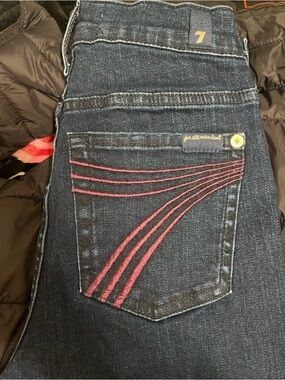7 For All Mankind Dark Blue Skinny Jeans with Pink Pocket Stitching